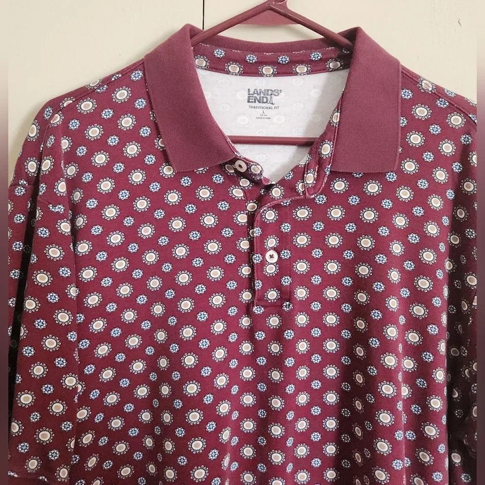 M41 Lands' End Men's Maroon Polo w Muti Color Dot Print